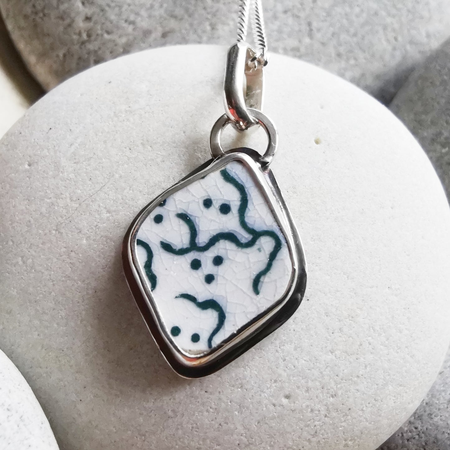 Scottish green and white "little ghosts" sea pottery & sterling silver pendant.