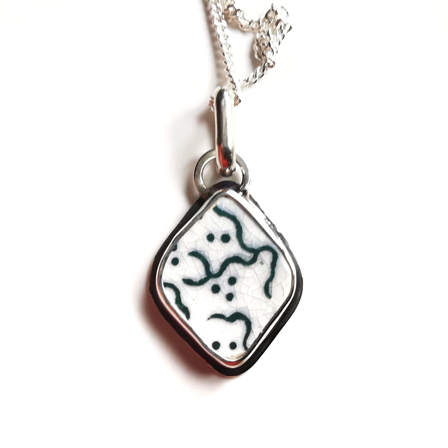 Scottish green and white "little ghosts" sea pottery & sterling silver pendant.