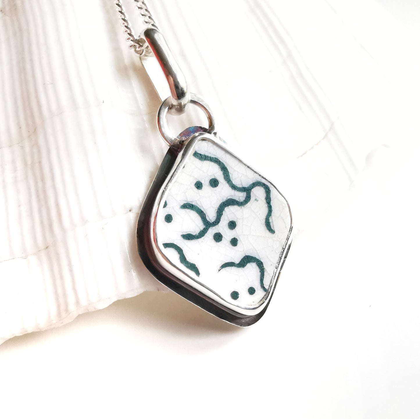 Scottish green and white "little ghosts" sea pottery & sterling silver pendant.