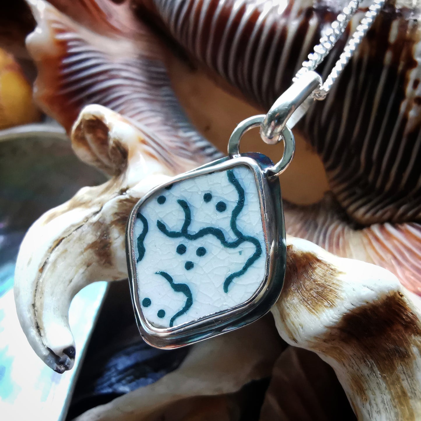 Scottish green and white "little ghosts" sea pottery & sterling silver pendant.