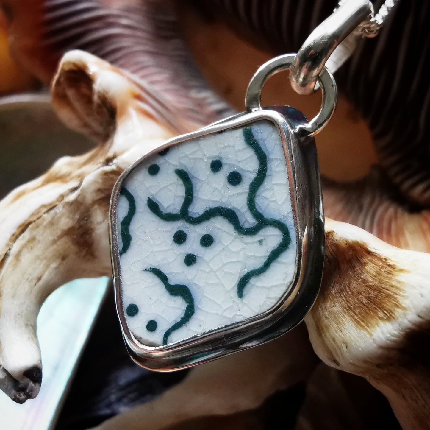 Scottish green and white "little ghosts" sea pottery & sterling silver pendant.