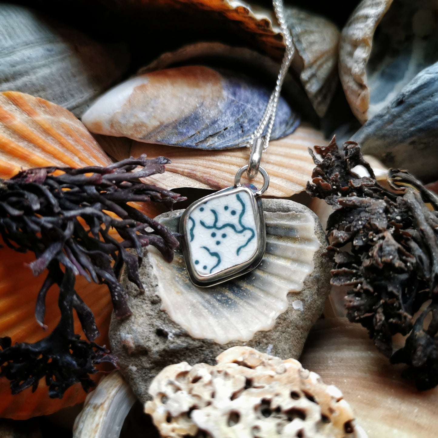 Scottish green and white "little ghosts" sea pottery & sterling silver pendant.