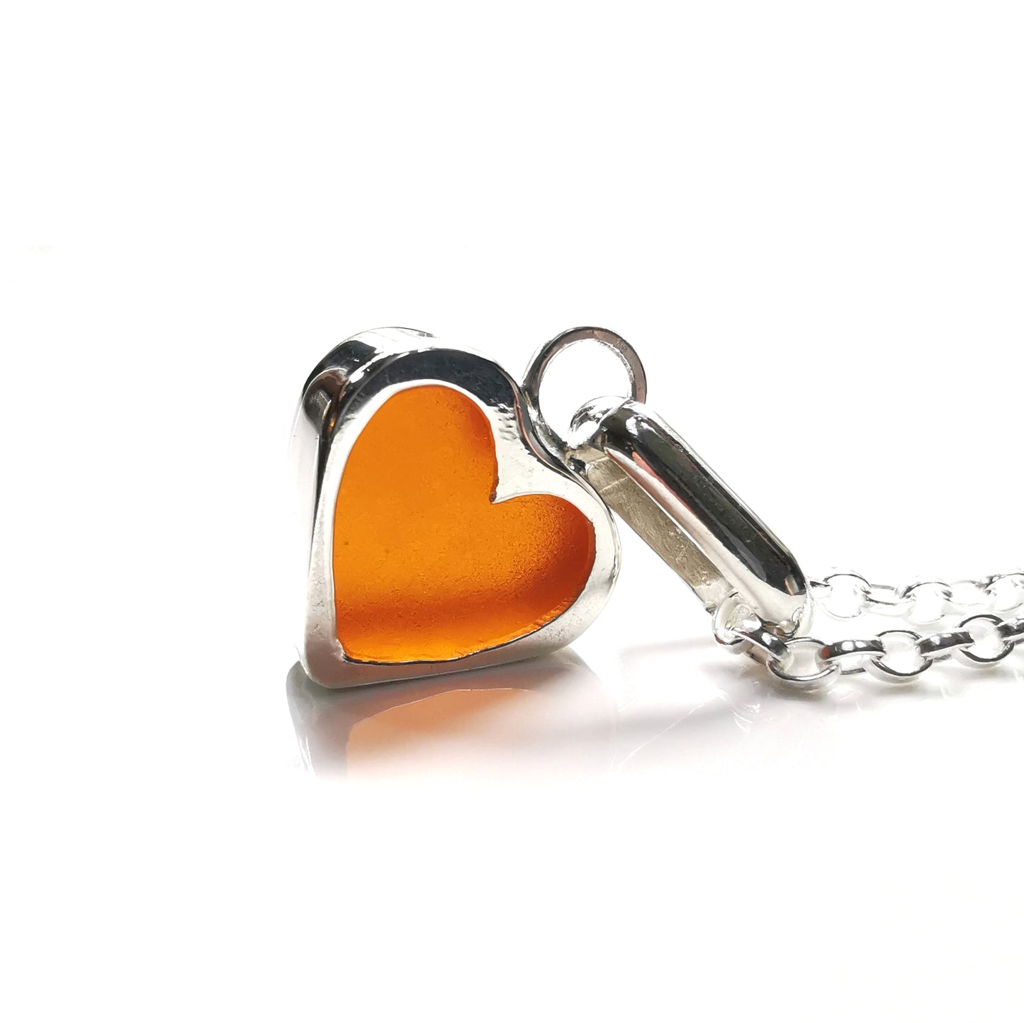 Scottish UV deep orange sea glass heart & sterling silver pendant.