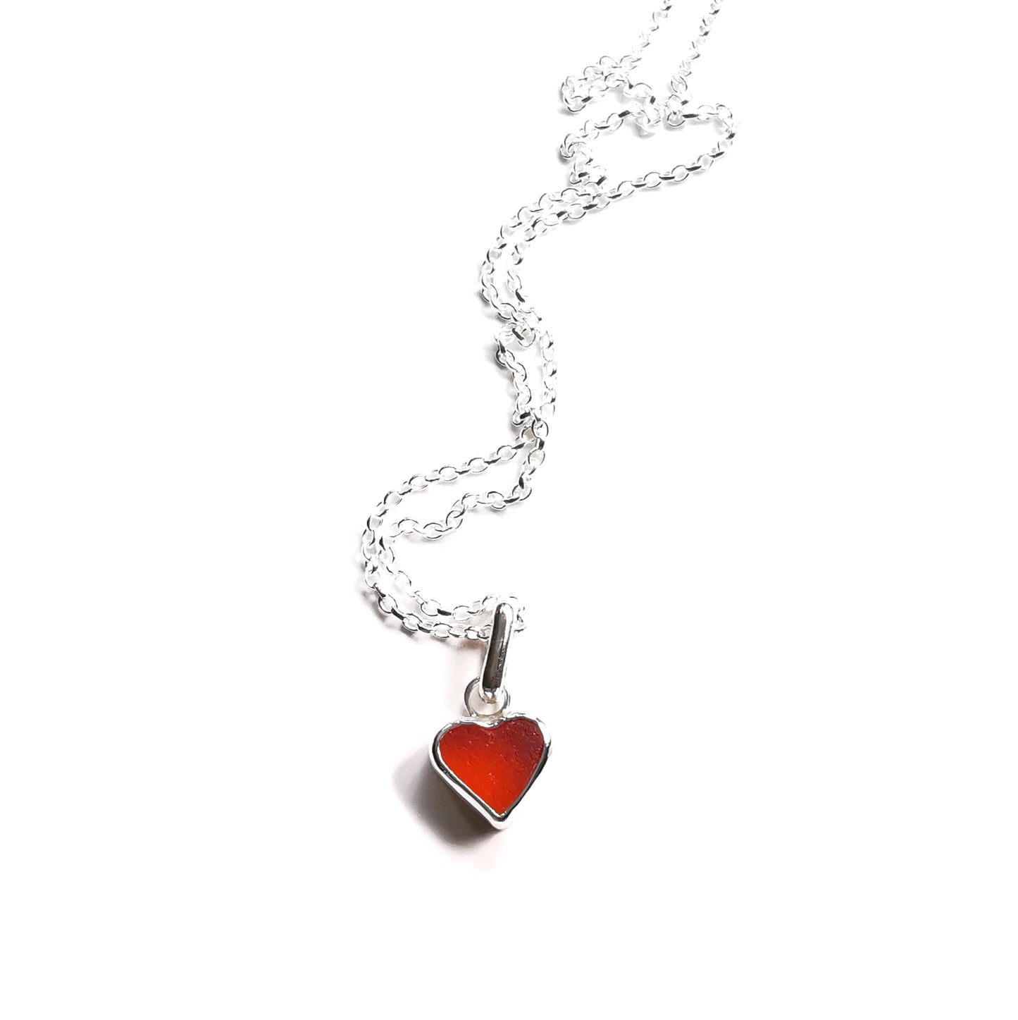 Scottish UV deep orange sea glass heart & sterling silver pendant.