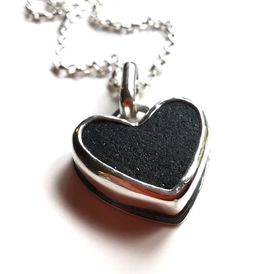 Scottish black sea glass heart & sterling silver pendant.