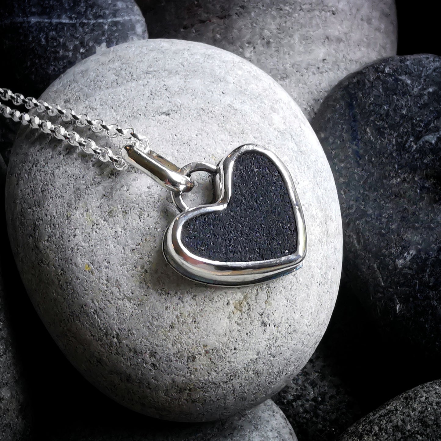 Scottish black sea glass heart & sterling silver pendant.
