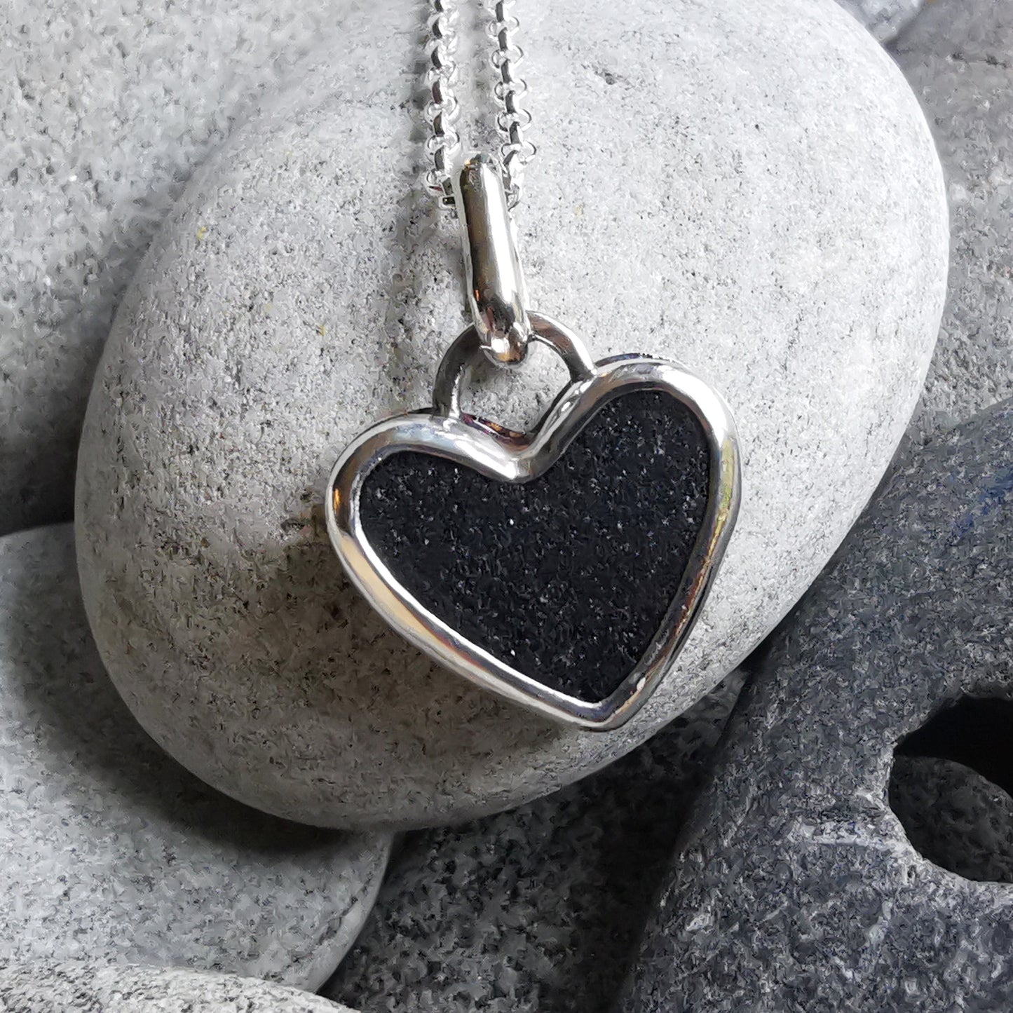 Scottish black sea glass heart & sterling silver pendant.