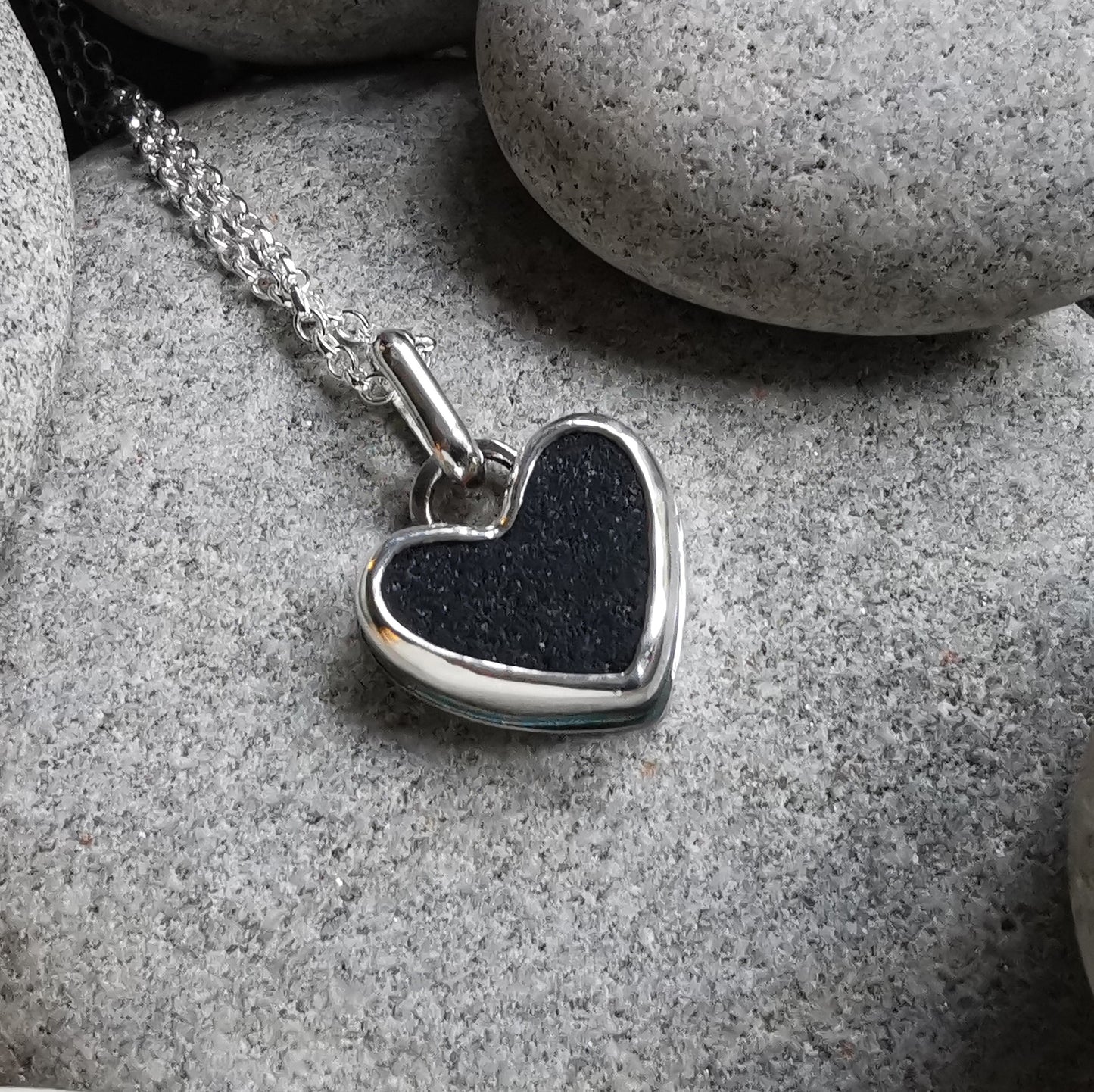 Scottish black sea glass heart & sterling silver pendant.