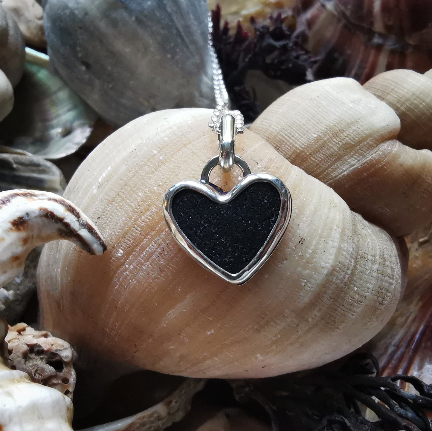 Scottish black sea glass heart & sterling silver pendant.