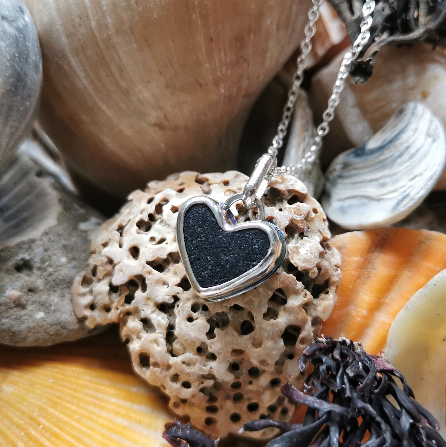 Scottish black sea glass heart & sterling silver pendant.