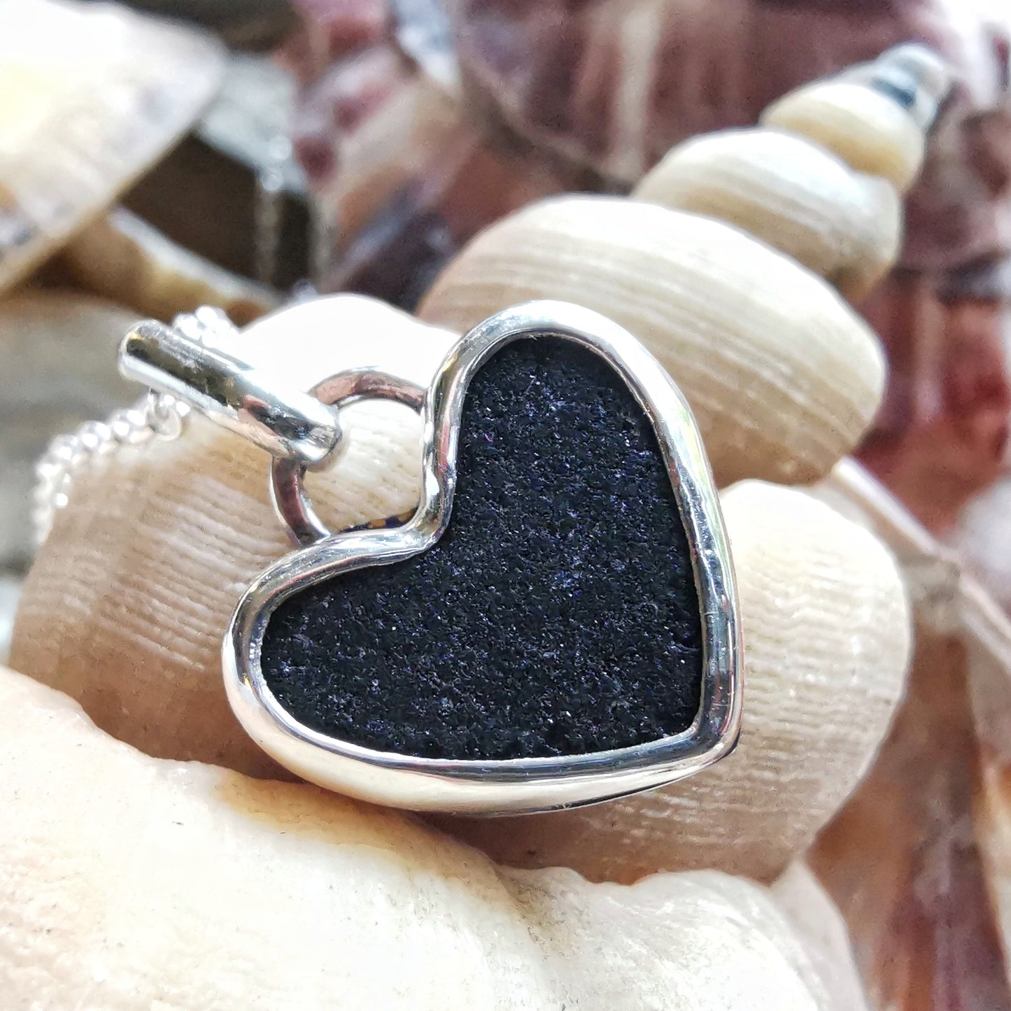 Scottish black sea glass heart & sterling silver pendant.