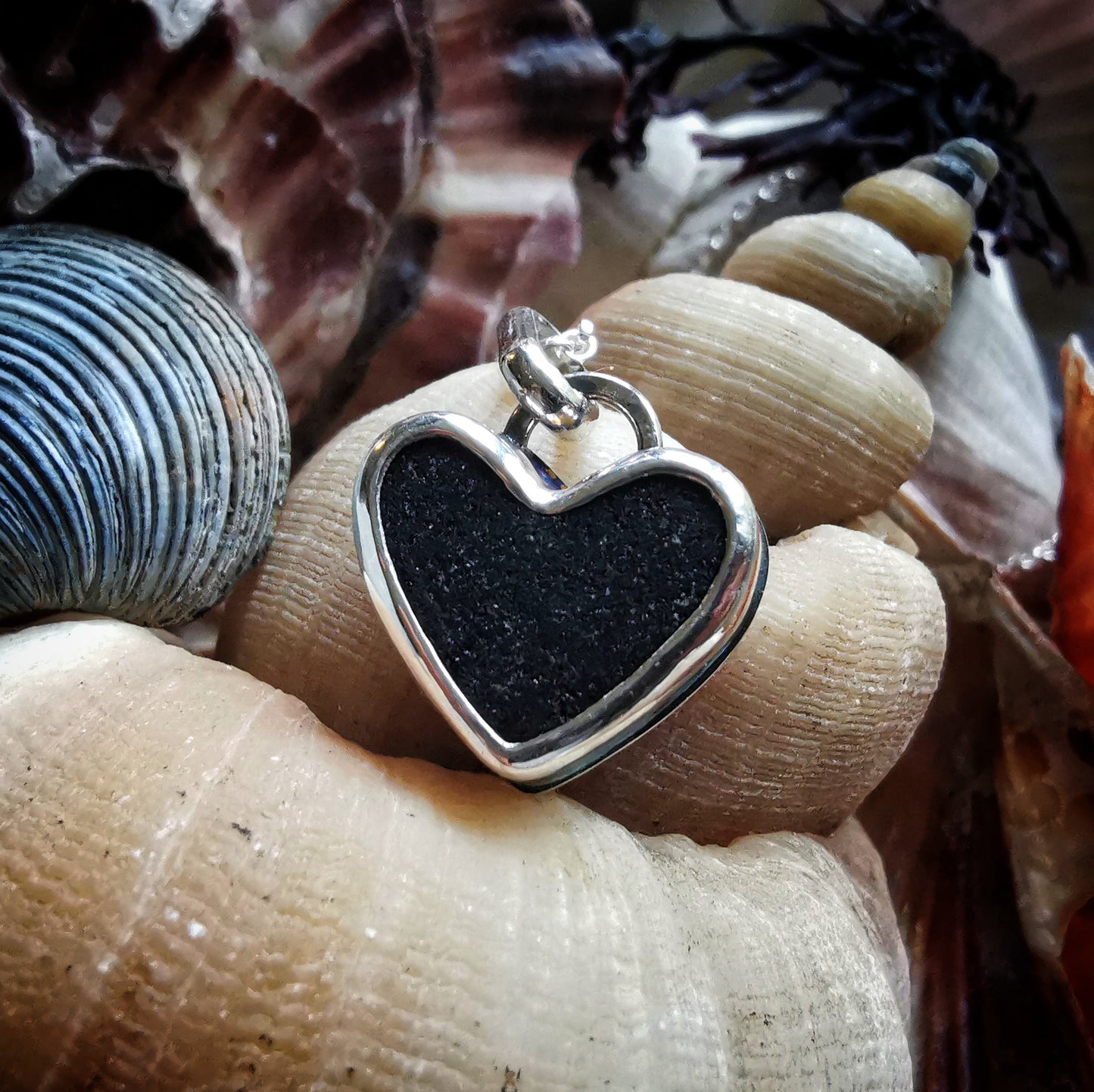 Scottish black sea glass heart & sterling silver pendant.
