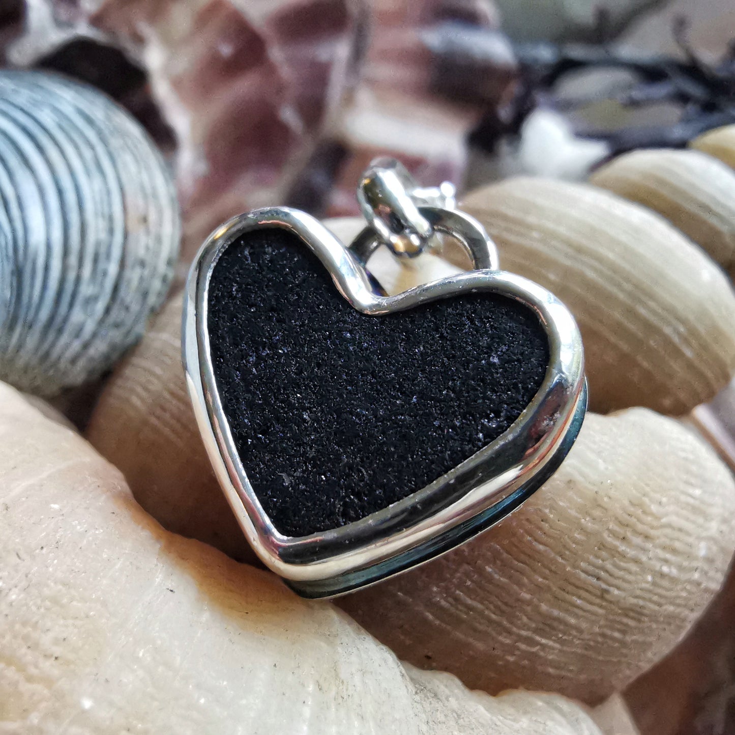 Scottish black sea glass heart & sterling silver pendant.