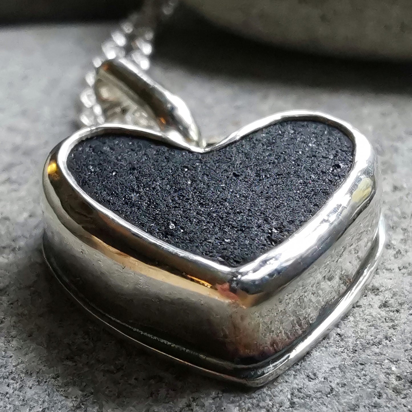Scottish black sea glass heart & sterling silver pendant.