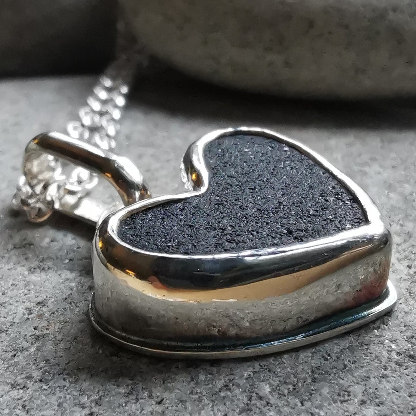 Scottish black sea glass heart & sterling silver pendant.