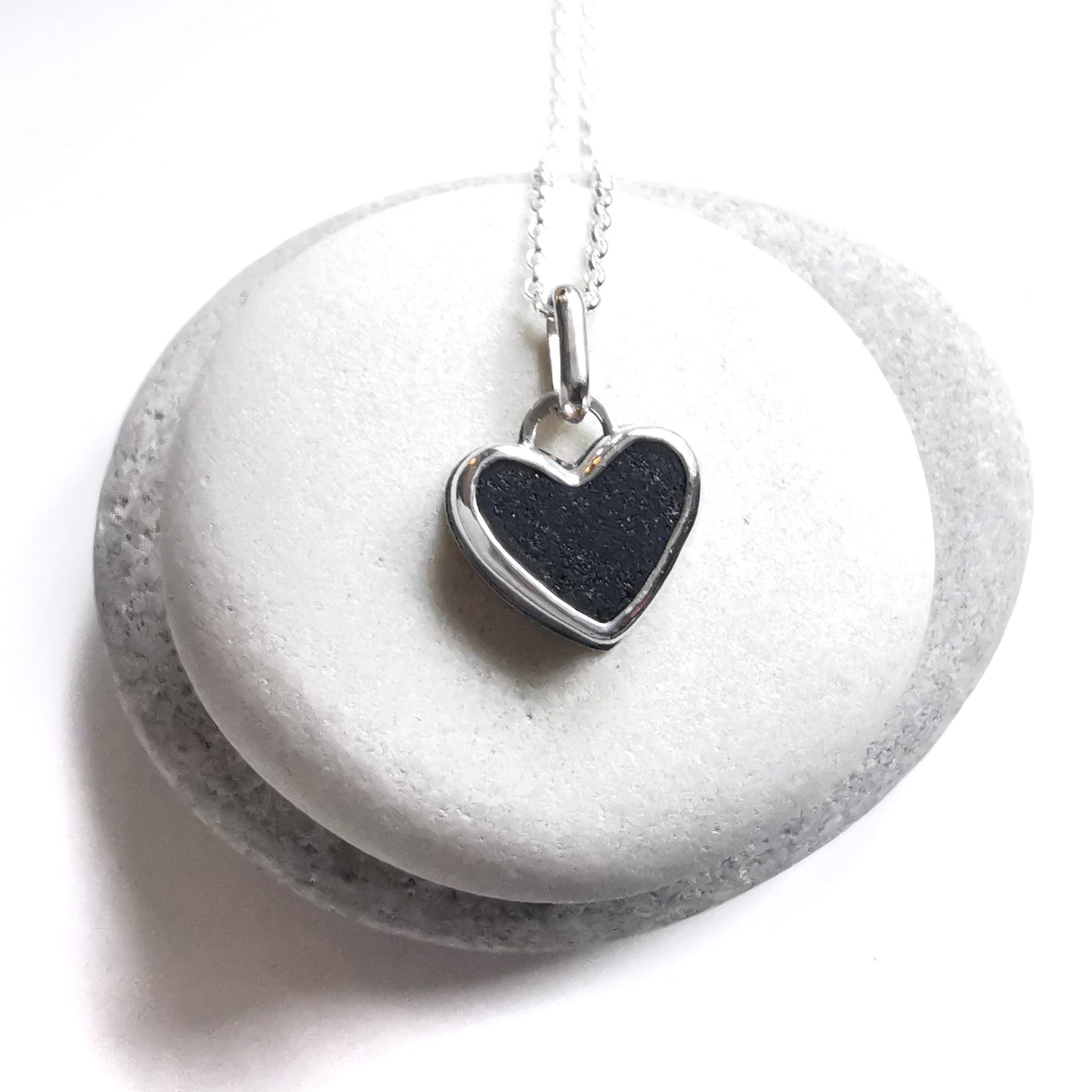Scottish black sea glass heart & sterling silver pendant.