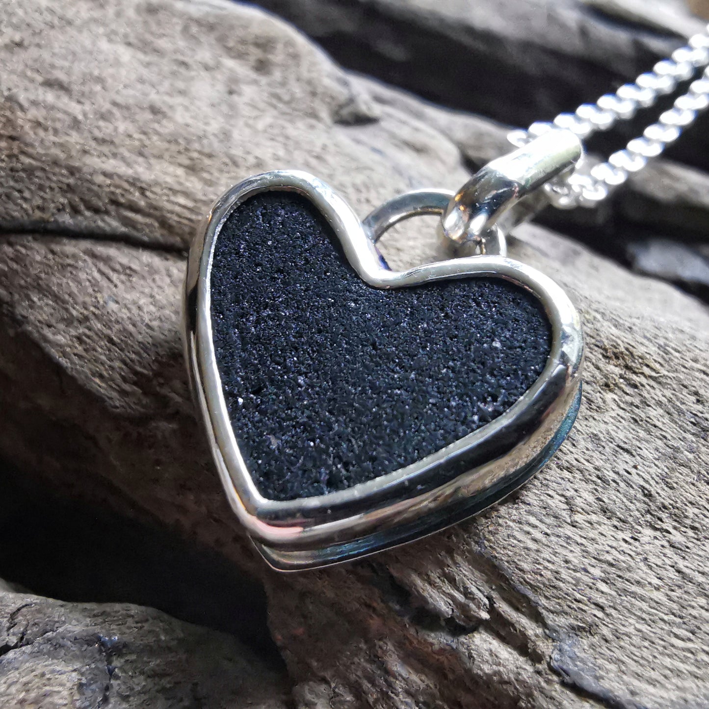 Scottish black sea glass heart & sterling silver pendant.