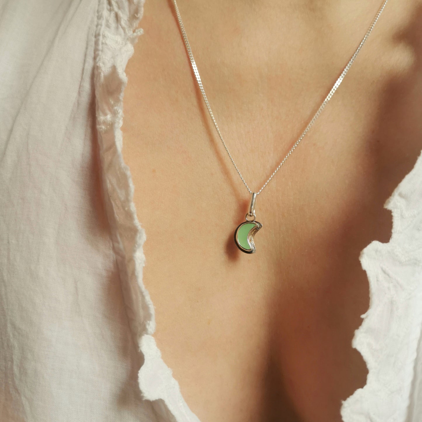 Reserved for Gatia.Tiny Scottish UV crescent moon sea glass & sterling silver pendant.