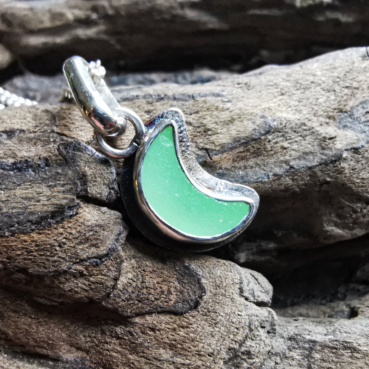 Reserved for Gatia.Tiny Scottish UV crescent moon sea glass & sterling silver pendant.