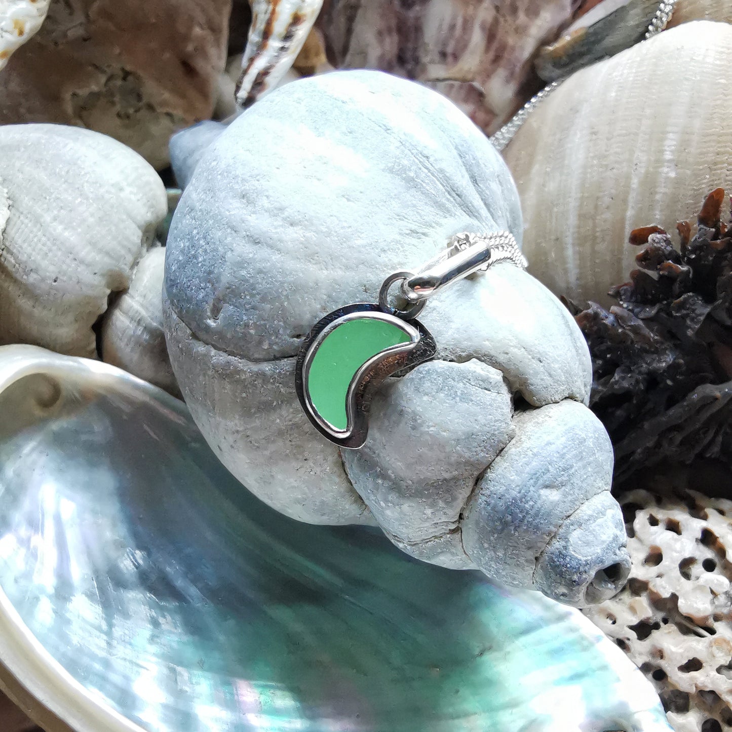 Reserved for Gatia.Tiny Scottish UV crescent moon sea glass & sterling silver pendant.