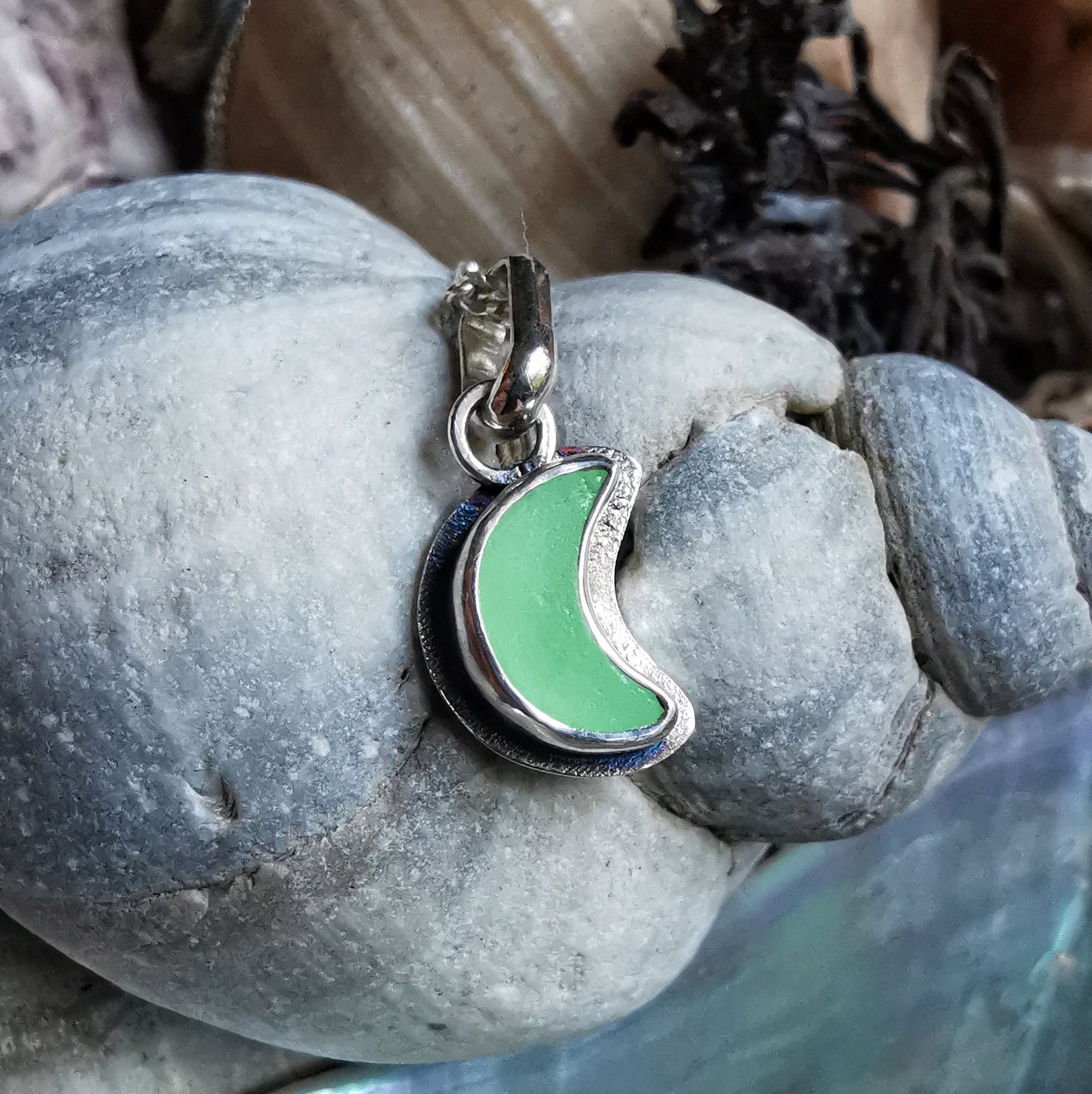Reserved for Gatia.Tiny Scottish UV crescent moon sea glass & sterling silver pendant.