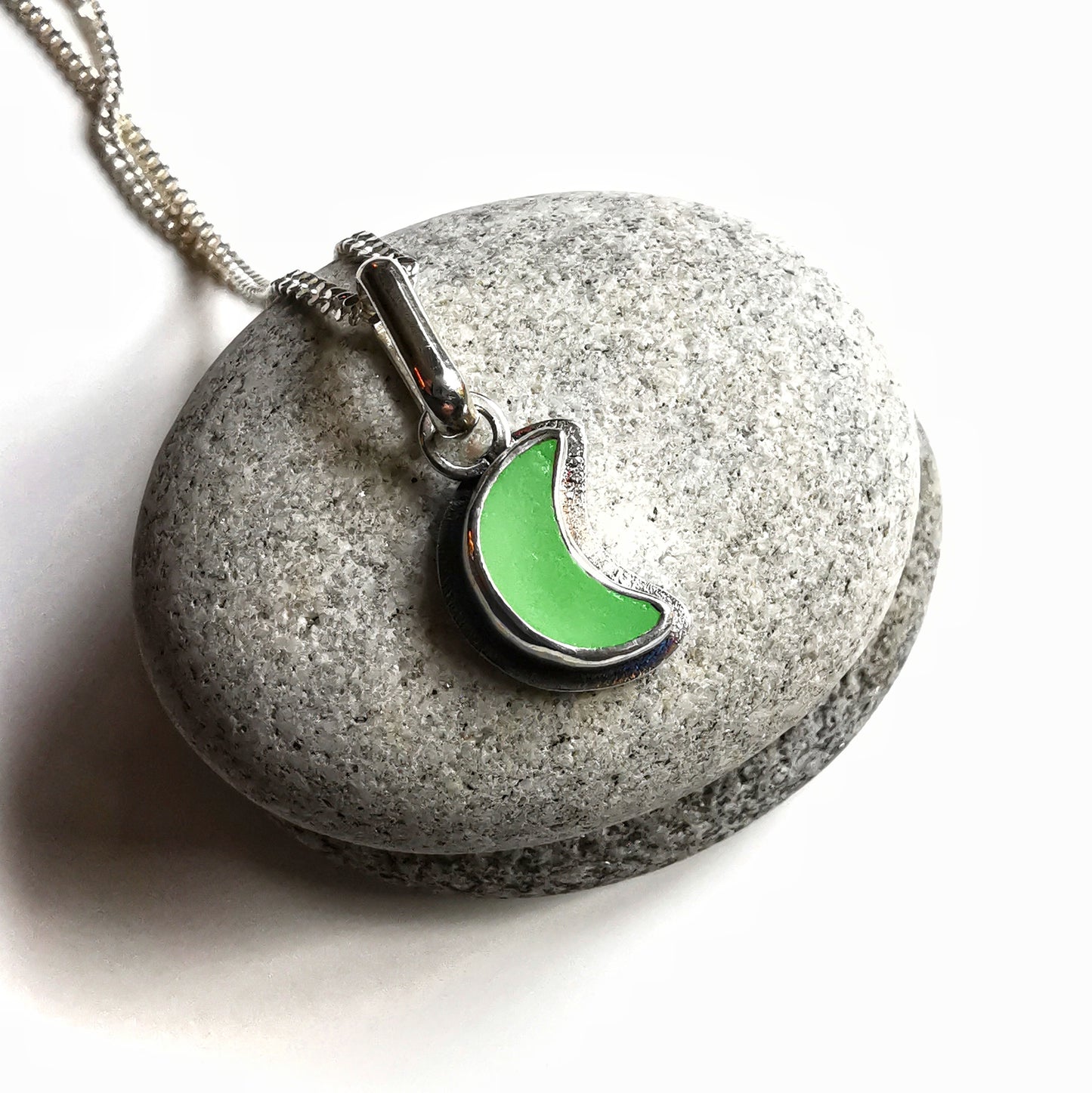 Reserved for Gatia.Tiny Scottish UV crescent moon sea glass & sterling silver pendant.
