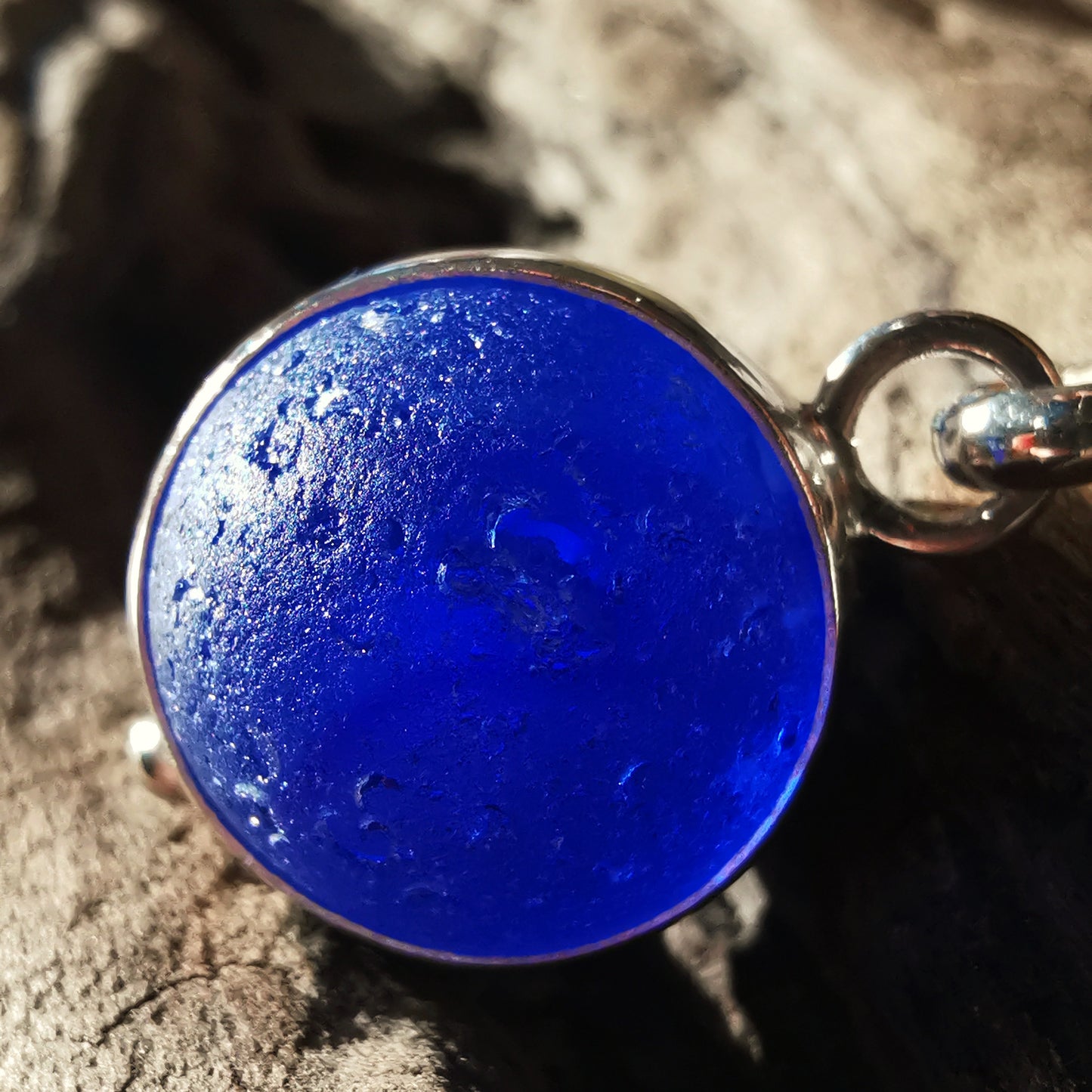 Scottish cobalt blue and white sea glass marble & sterling silver pendant.