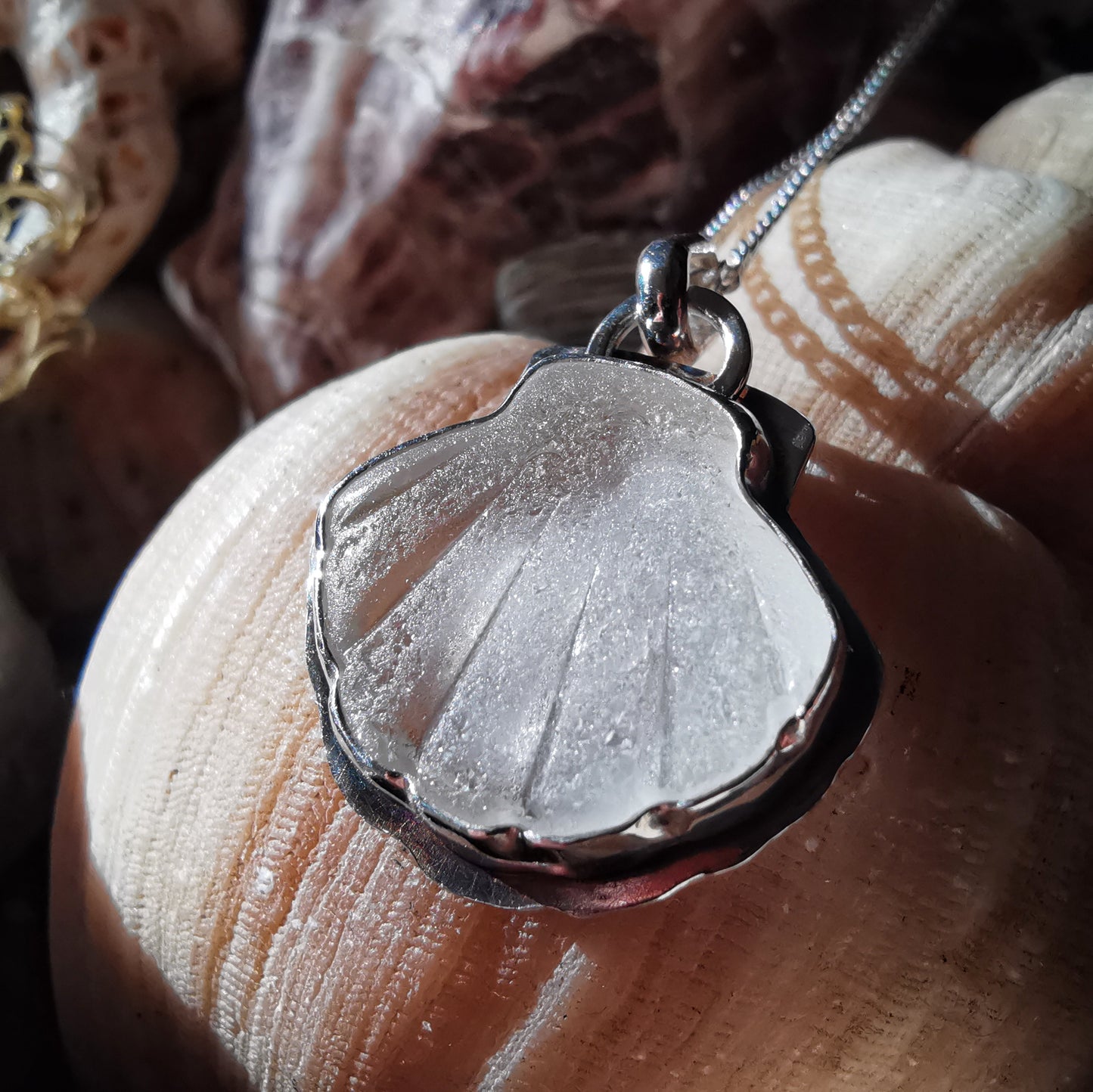 Reserved for Lesley. Scottish sea glass shell & sterling silver pendant.