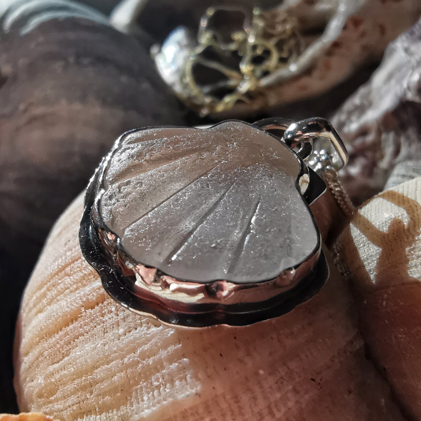 Reserved for Lesley. Scottish sea glass shell & sterling silver pendant.
