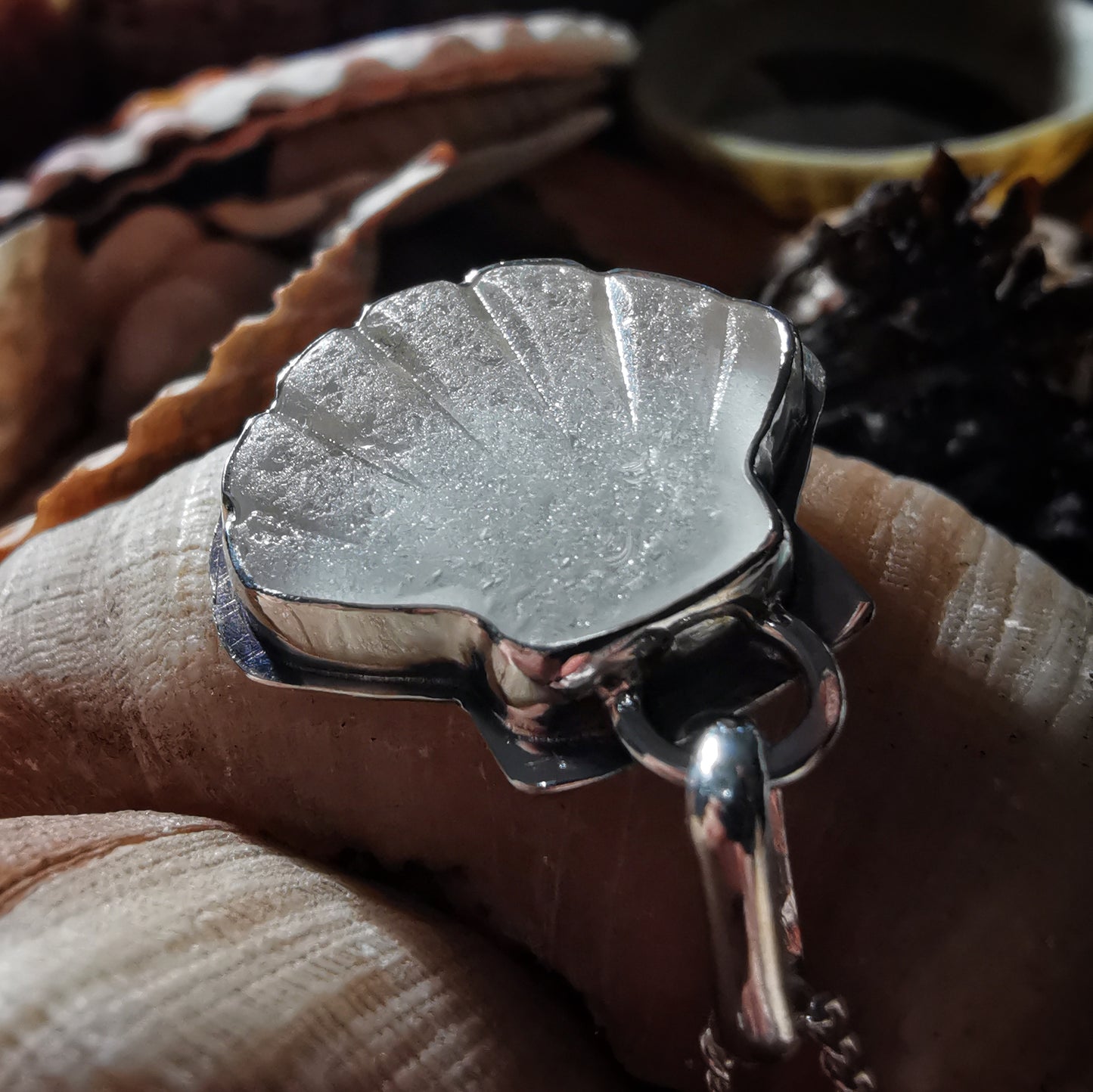 Reserved for Lesley. Scottish sea glass shell & sterling silver pendant.