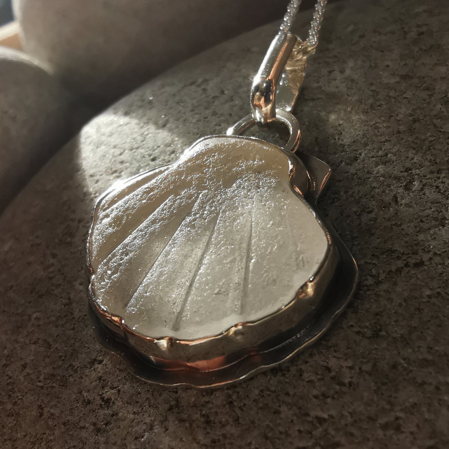 Reserved for Lesley. Scottish sea glass shell & sterling silver pendant.