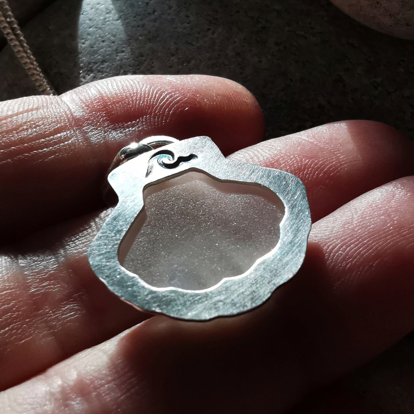 Reserved for Lesley. Scottish sea glass shell & sterling silver pendant.