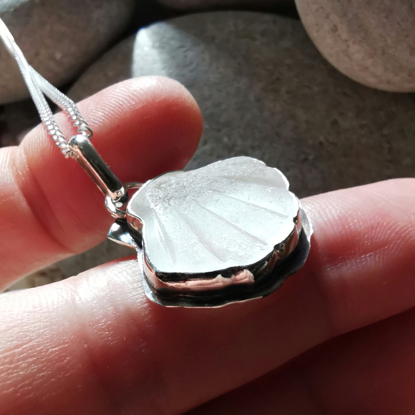 Reserved for Lesley. Scottish sea glass shell & sterling silver pendant.