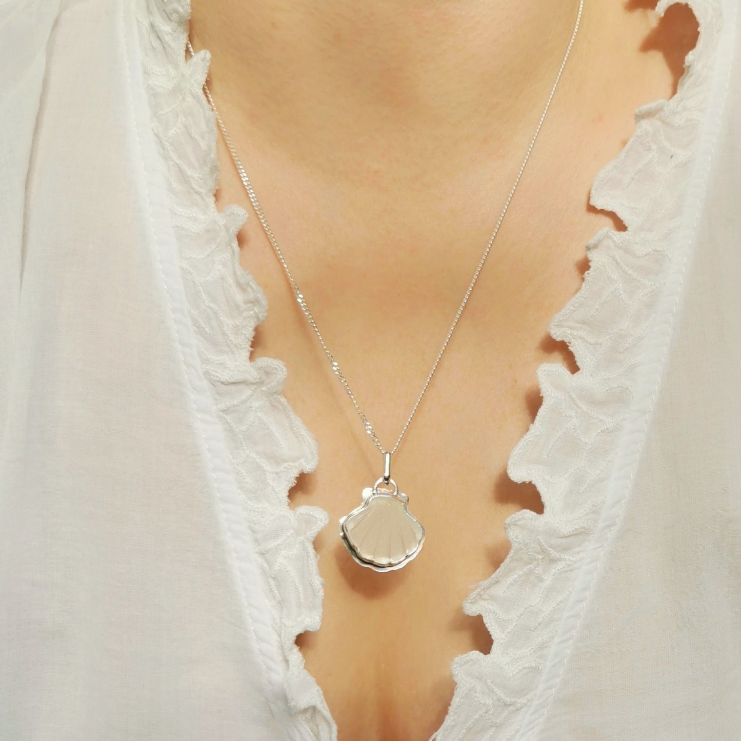 Reserved for Lesley. Scottish sea glass shell & sterling silver pendant.