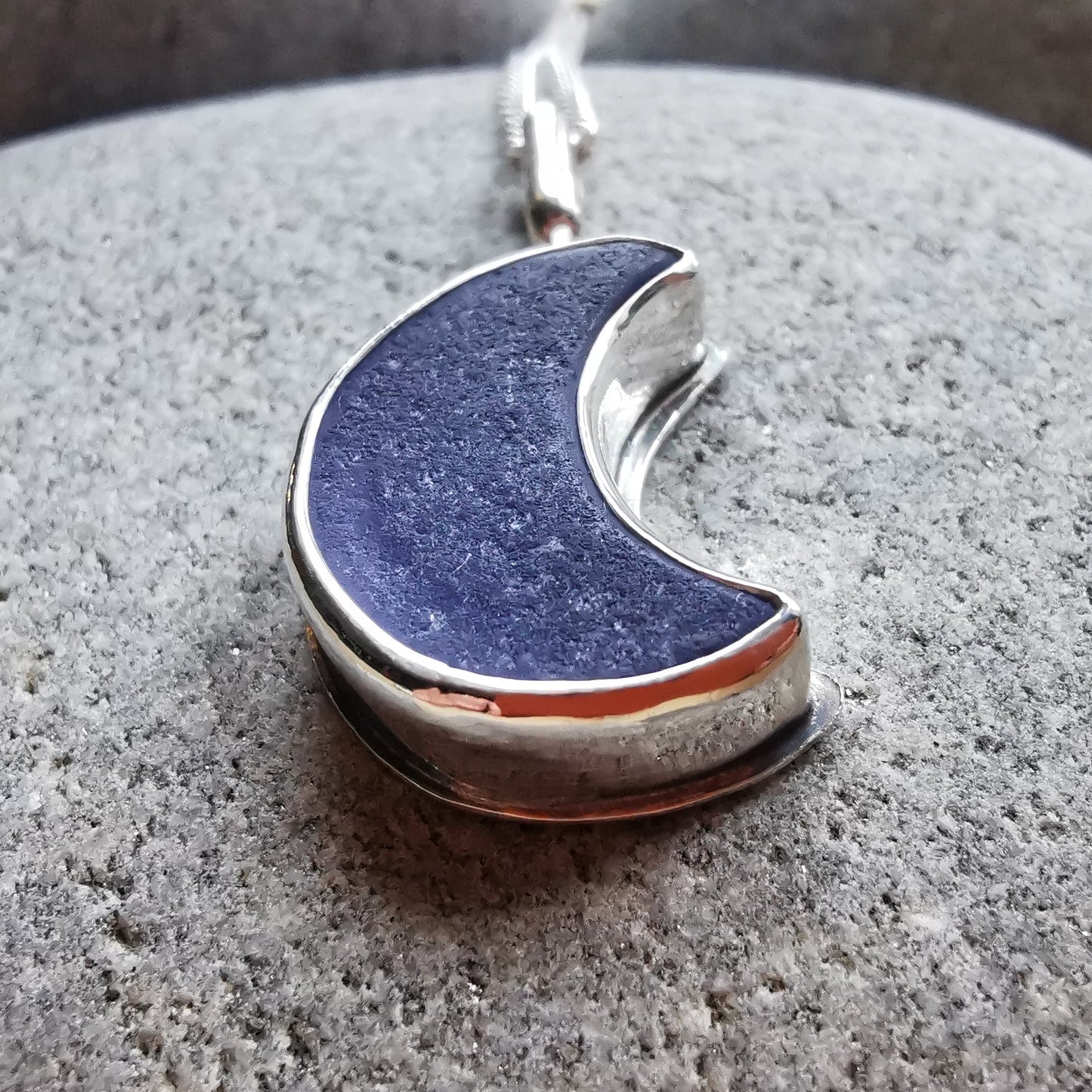 Reserved for Lesley. Purple crescent moon sea glass & sterling silver pendant.