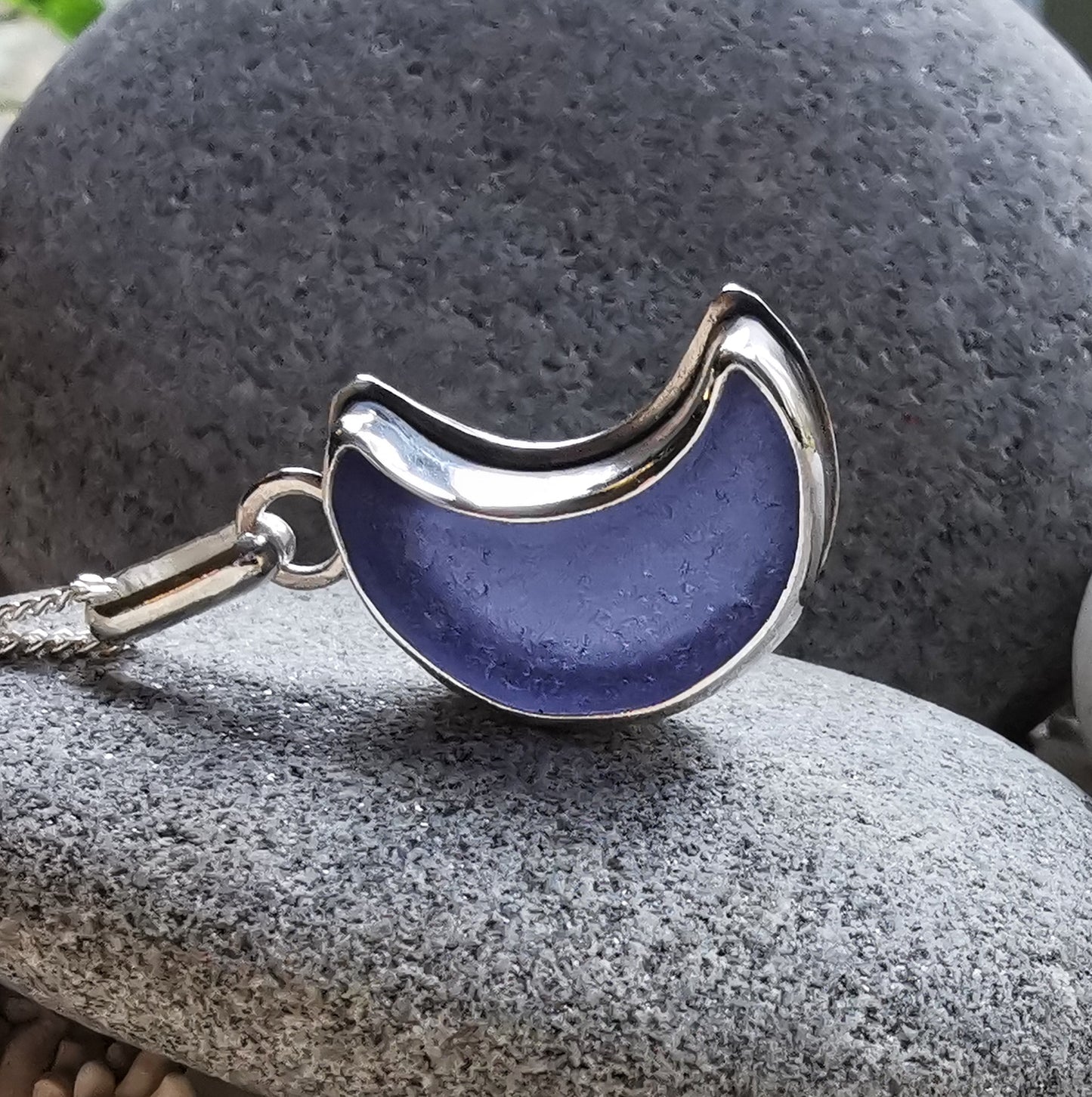 Reserved for Lesley. Purple crescent moon sea glass & sterling silver pendant.