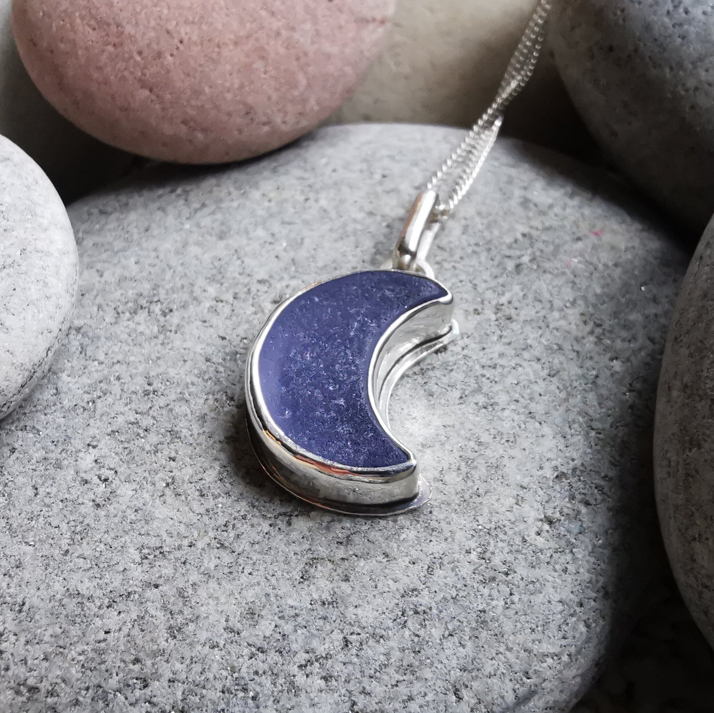 Reserved for Lesley. Purple crescent moon sea glass & sterling silver pendant.