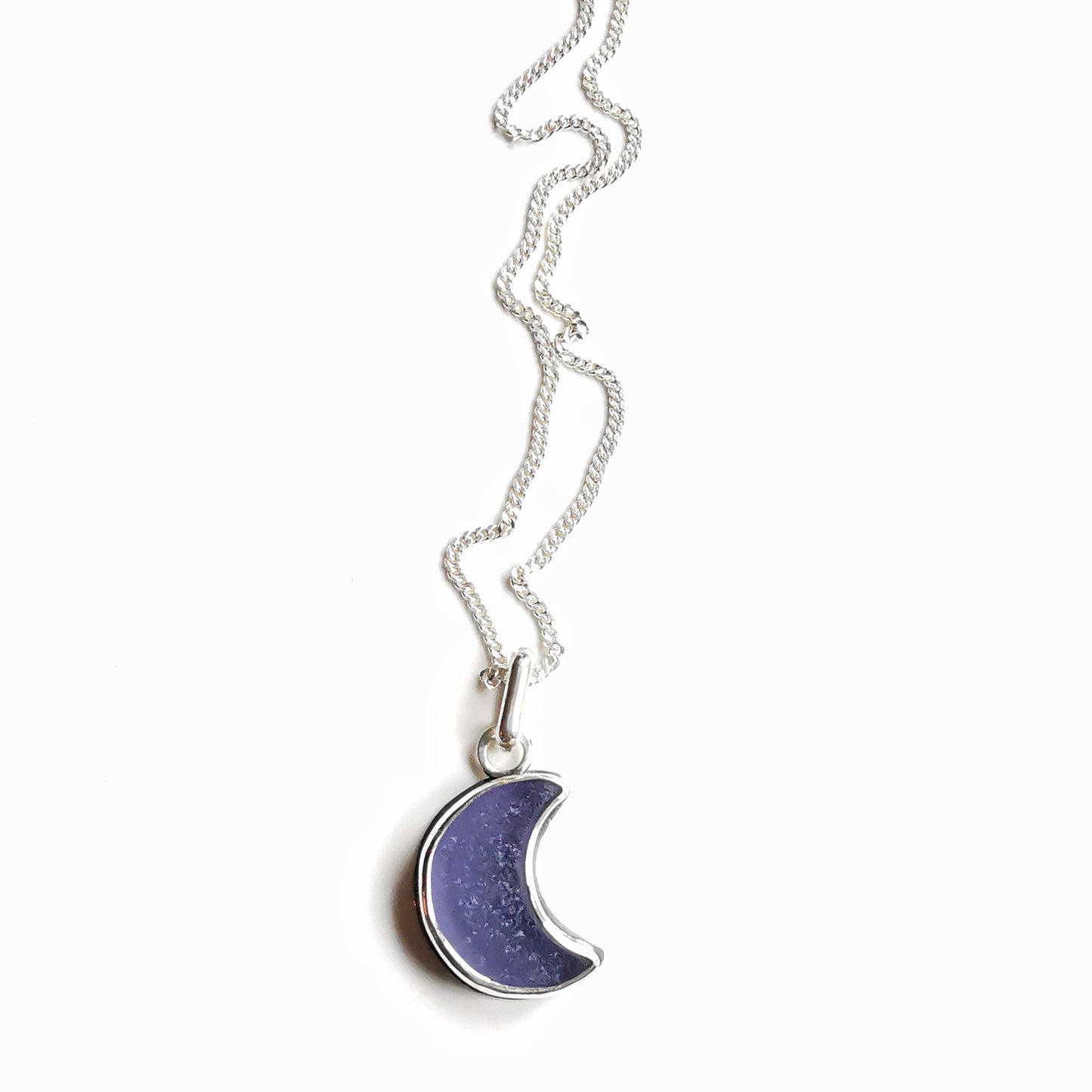 Reserved for Lesley. Purple crescent moon sea glass & sterling silver pendant.