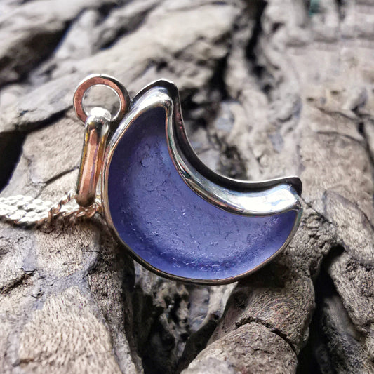 Reserved for Lesley. Purple crescent moon sea glass & sterling silver pendant.