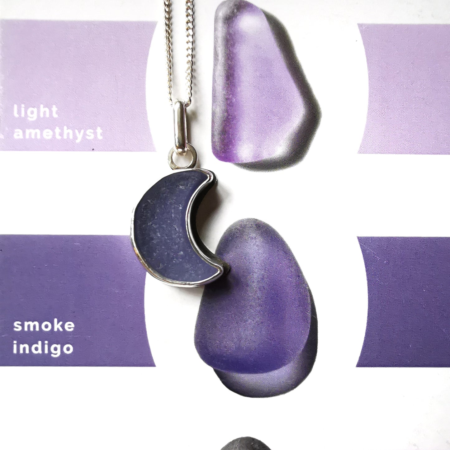 Reserved for Lesley. Purple crescent moon sea glass & sterling silver pendant.
