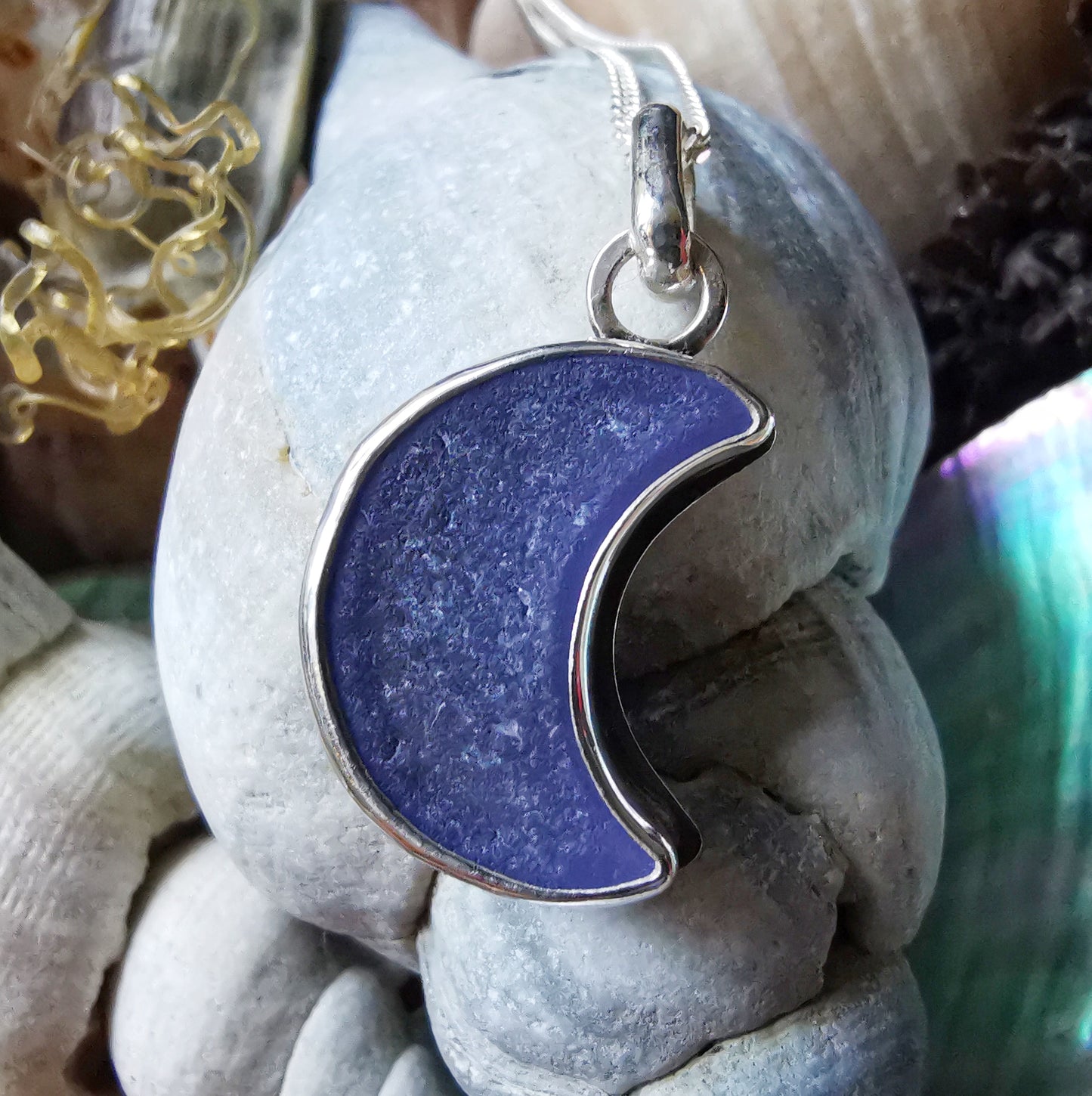 Reserved for Lesley. Purple crescent moon sea glass & sterling silver pendant.