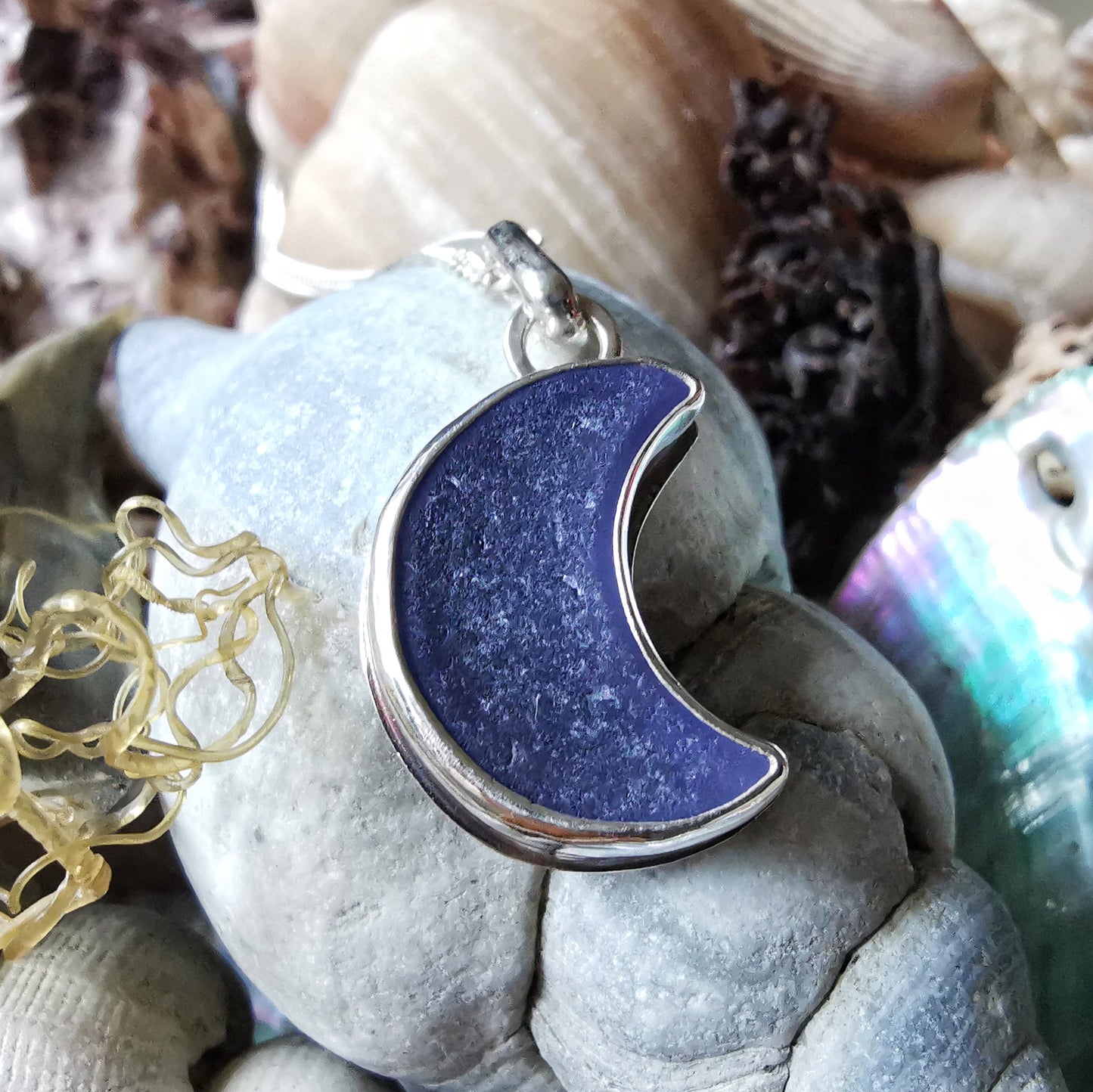 Reserved for Lesley. Purple crescent moon sea glass & sterling silver pendant.