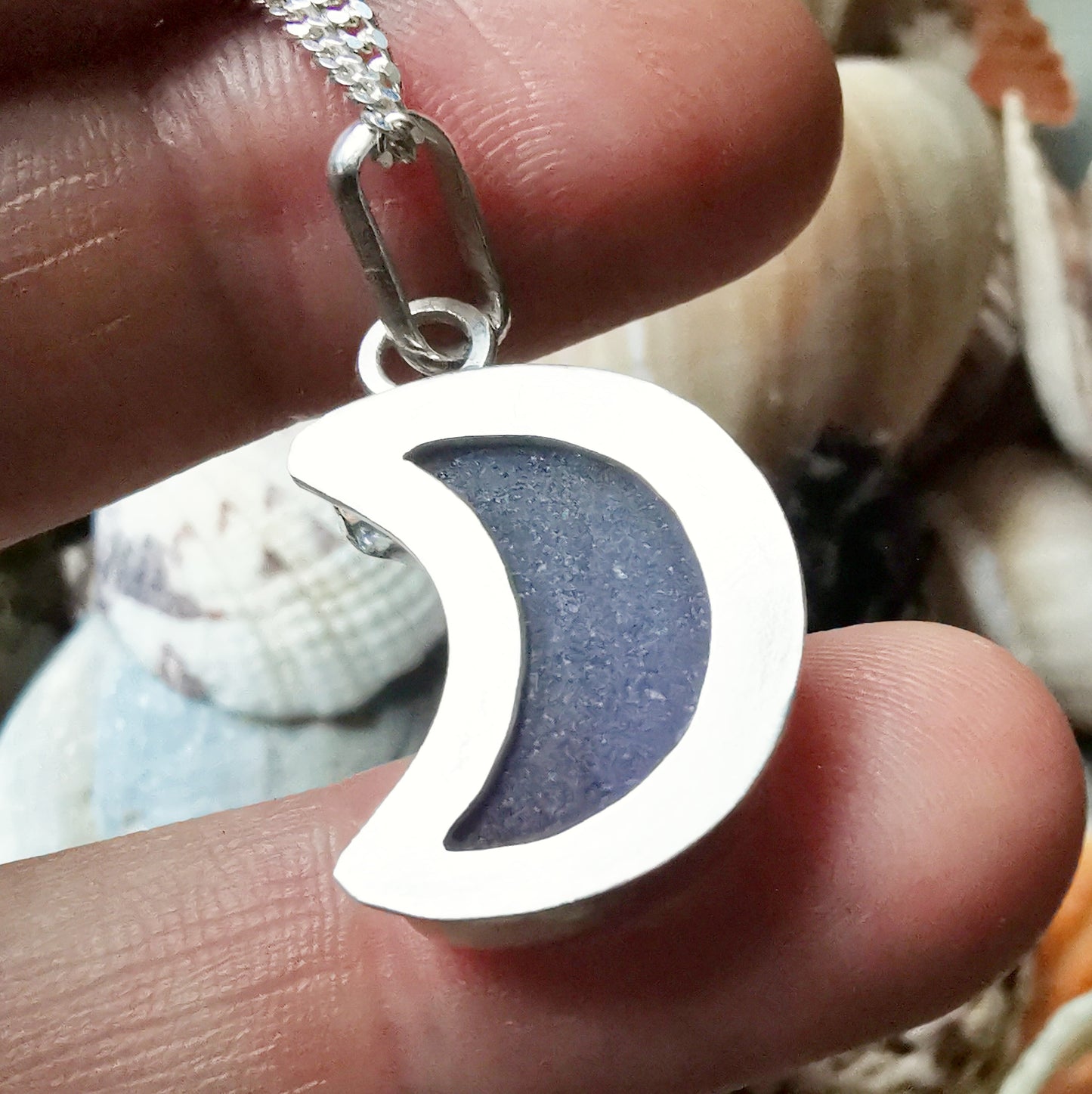 Reserved for Lesley. Purple crescent moon sea glass & sterling silver pendant.