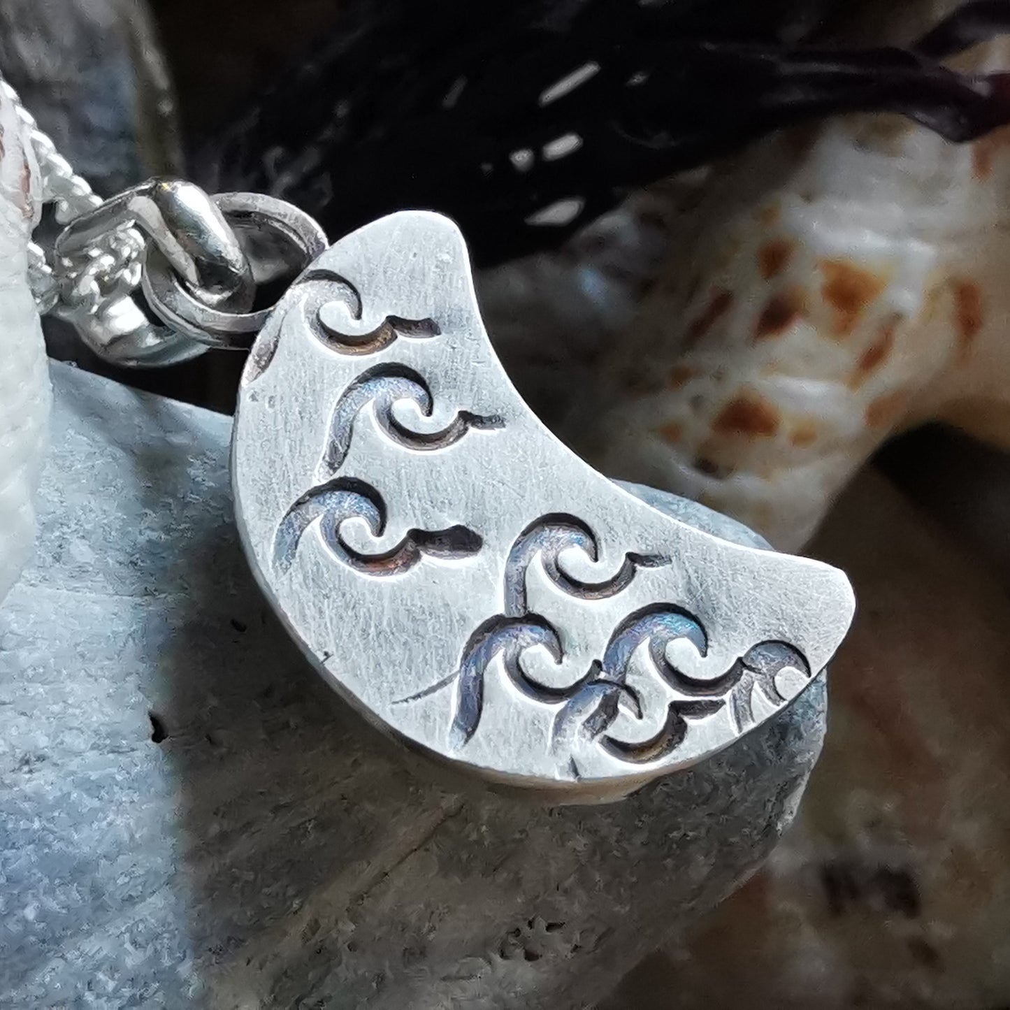 Yellow crescent moon sea glass & sterling silver pendant.