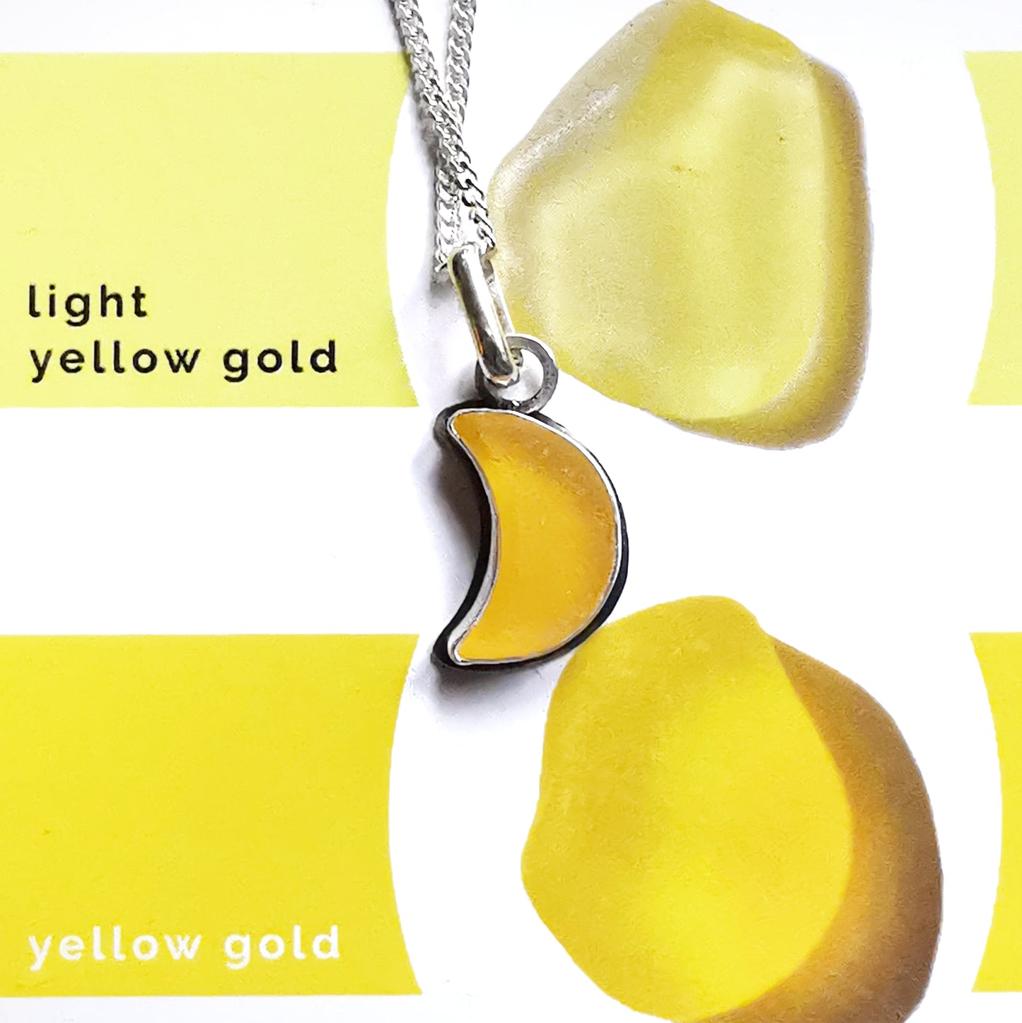 Yellow crescent moon sea glass & sterling silver pendant.