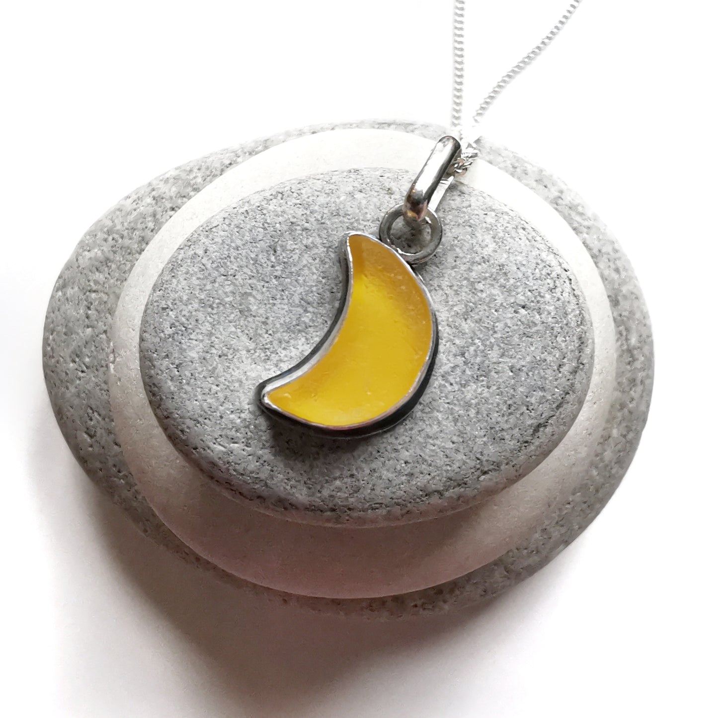 Yellow crescent moon sea glass & sterling silver pendant.
