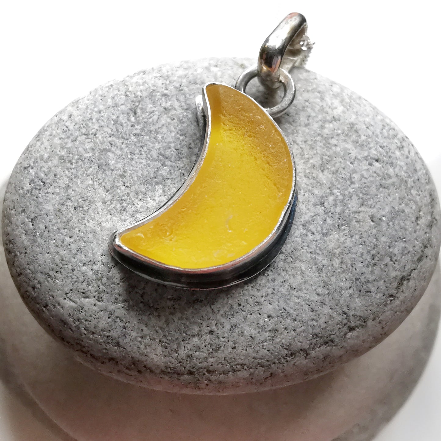 Yellow crescent moon sea glass & sterling silver pendant.