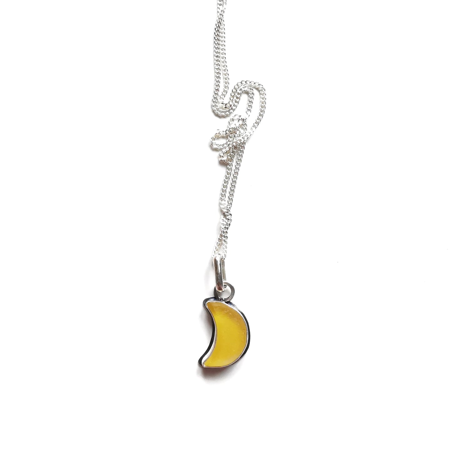 Yellow crescent moon sea glass & sterling silver pendant.