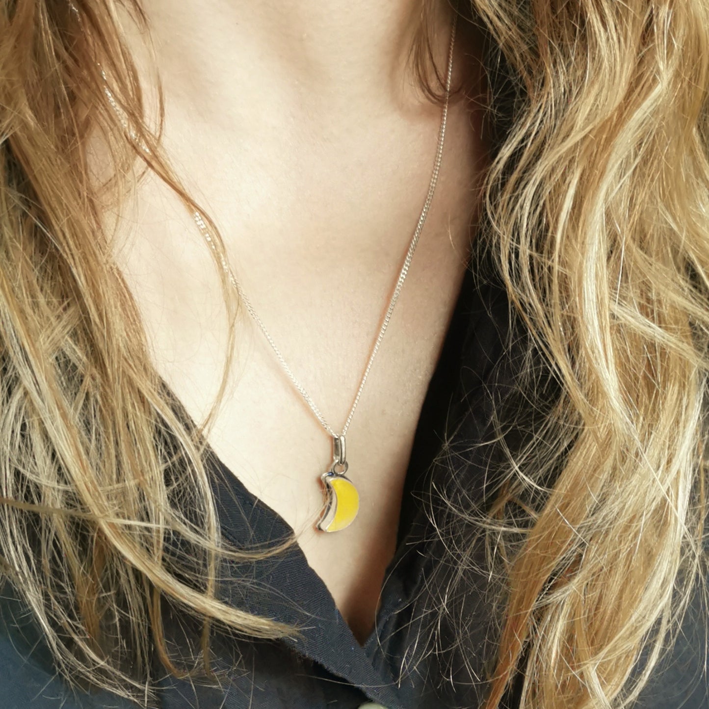Yellow crescent moon sea glass & sterling silver pendant.