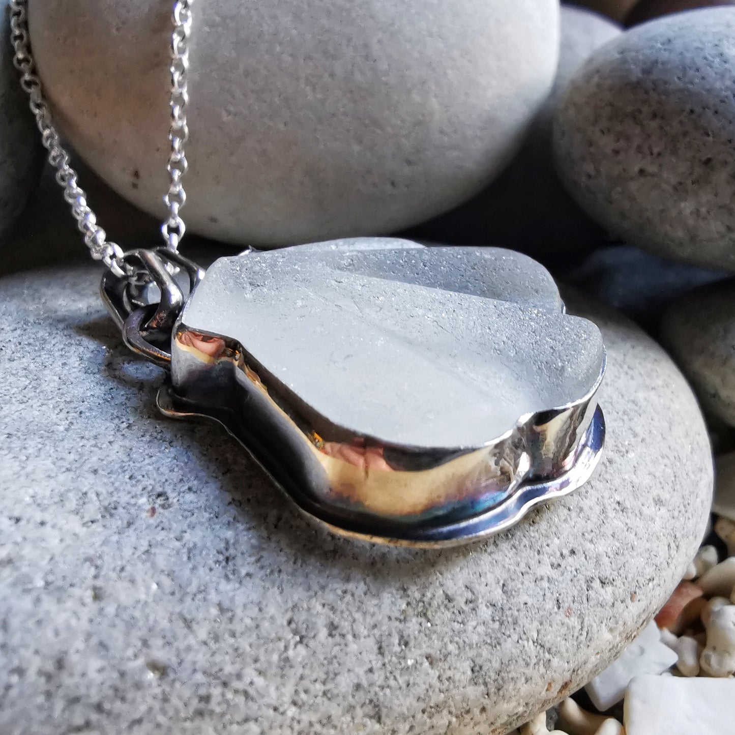 Scottish sea glass shell & sterling silver pendant.